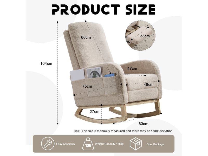  Fauteuil à bascule à haut dossier 75x63x104 cm – beige – repose-pieds coulissant avec poche latérale  - Conforama B