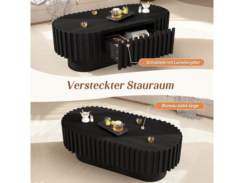  Table basse ovale noire 100x50 cm, table de salon avec tiroir, lattes verticales, mdf, charge 20 kg  - Conforama R
