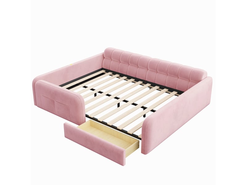 Lit enfant 140x200 cm avec tiroir, veilleuse et ports usb, en velours rose, sans matelas - Conforama D