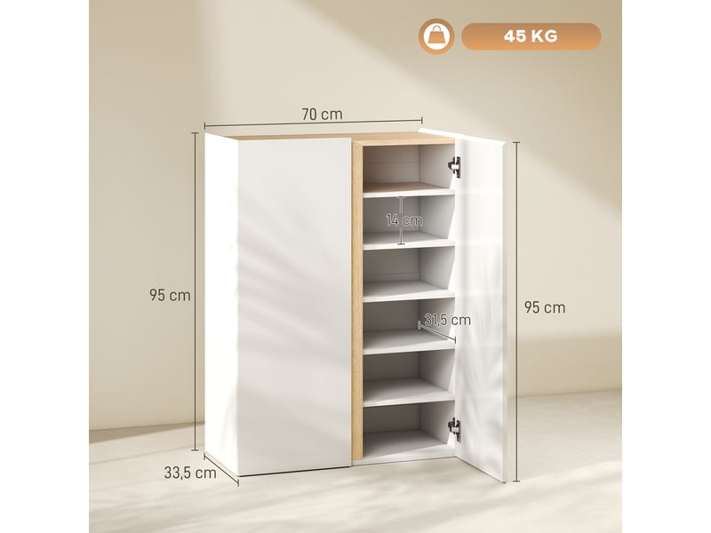  Meuble à chaussures à fermeture amortie avec design à 6 niveaux sans poignées pouvant contenir jusqu'à 18 paires pour entrée en bois blanc  - Conforama C