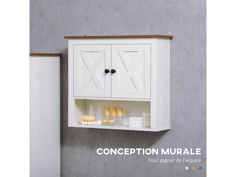  Armoire murale, armoire salle de bain avec placard à portess et compartiment ouvert, blanc, dim. 60 x 19,5 x 52,5 cm  - Conforama E