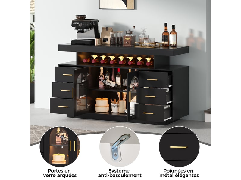  Meuble de cuisine muvano noir, armoire à vin avec éclairage led, six tiroirs, 140 × 40 × 82 cm  - Conforama R