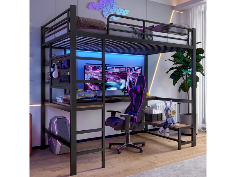 Lit mezzanine 90x200cm coloris noir led métal lit enfant noir - Conforama E