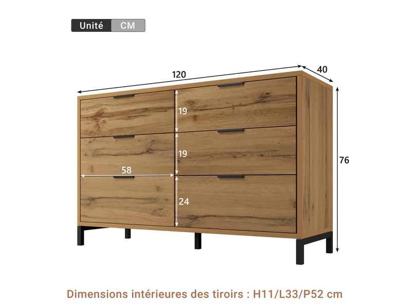  Commode à 6 tiroirs style industriel – chêne foncé – 120 x 40 x 76 cm  - Conforama D