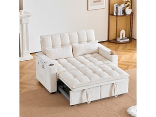 Canapé convertible 2 places 3 en 1 142x89x89 cm avec effet nuage, rangements accoudoirs, porte-gobelets, 2 coussins lombaires, chenille beige