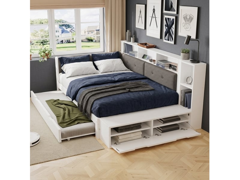 Lit gigogne 120x200 cm avec rangement et charge, blanc et gris, sans matelas - Conforama B