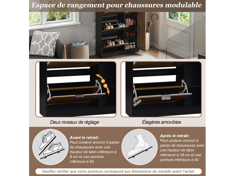  Meuble à chaussures 100x30x130 cm, 4 portes avec rangement, grande capacité, 20 paires, mdf, couleur naturel, design  - Conforama E