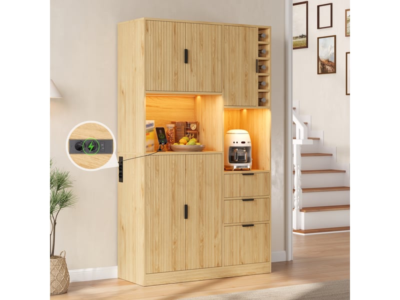 Buffet haut de cuisine 105x40x180 cm avec casier à vin, 3 tiroirs, led via appli, 2 prises, usb et usb-c, étagères réglables, effet bois naturel - Conforama C