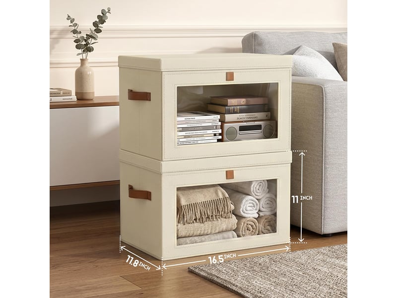  Lot de 1 bacs de rangement pliables en toile oxford beige avec fenêtre – organiseur pour vêtements et dressing  - Conforama B