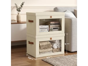 Lot de 1 bacs de rangement pliables en toile oxford beige avec fenêtre – organiseur pour vêtements et dressing
