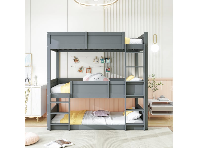 Lit enfant triple 90 x 200 cm gris en bois avec barrières hautes et deux échelles - Conforama D