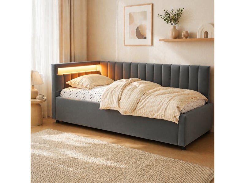  Lit banquette simple 90x200 cm en velours avec coffre hydraulique, led et dossier réversible, sans matelas, gris  - Conforama C