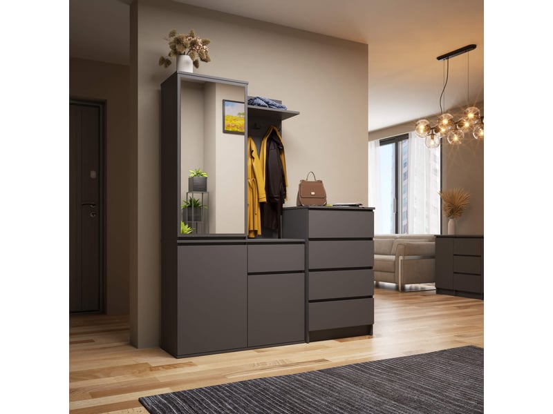 Ensemble de meubles d'entrée entro gris graphite avec armoire et miroir 95 cm 3 portes 1 tiroir 7 étagères 95x35x183 cm Ensemble d'entrée ENTRO - Conforama E