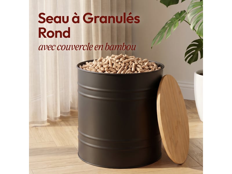  Casabel réservoir pellets &amp; granulés rond, cap. 15kg, métal noir, couvercle bambou, compact &amp; élégant, pour poêle  - Conforama C