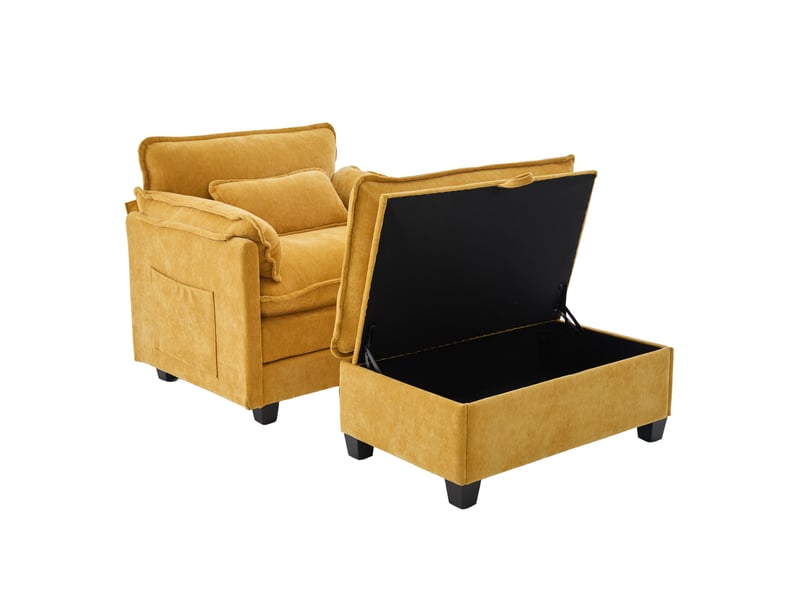  Fauteuil relax xxl avec repose-pieds coffre 103x85x91 cm, poches latérales, tissu chenille, coussin jaune  - Conforama A