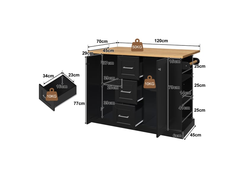 Îlot de cuisine mobile avec plateau rabattable et roulettes freinées - lpospi - 3 tiroirs mdf noir 120 × 70 × 90 cm - Conforama D