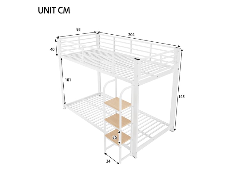 Lit superposé enfant 90 × 200 cm 2 places avec échelle et barrières, sans matelas, métal et mdf blanc noyer - Conforama D