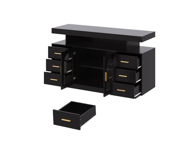  Buffet bar à vin,140x40x82 cm,led, 6 tiroirs et 2 portes vitrées,mdf,noir  - Conforama D