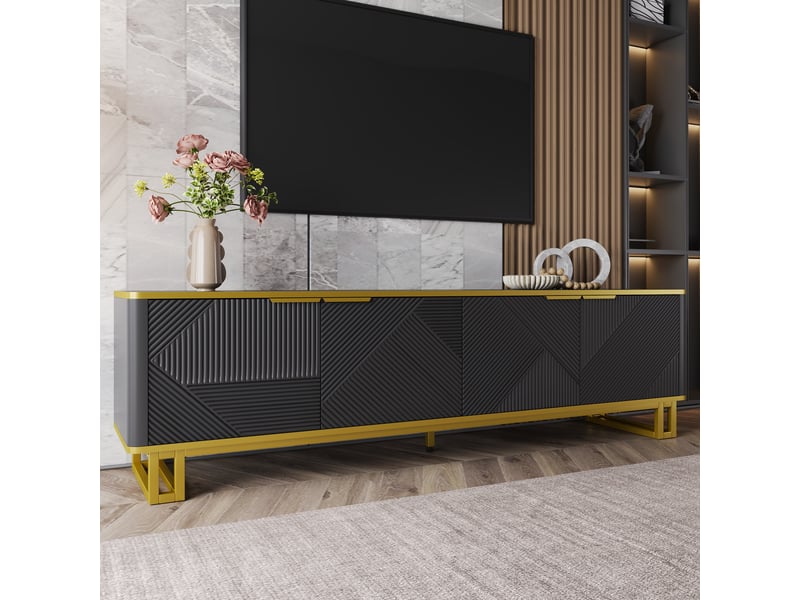  Meuble tv 160 cm noir et or, meuble tv 4 portes avec design géométrique, meuble tv bas salon en mdf  - Conforama E