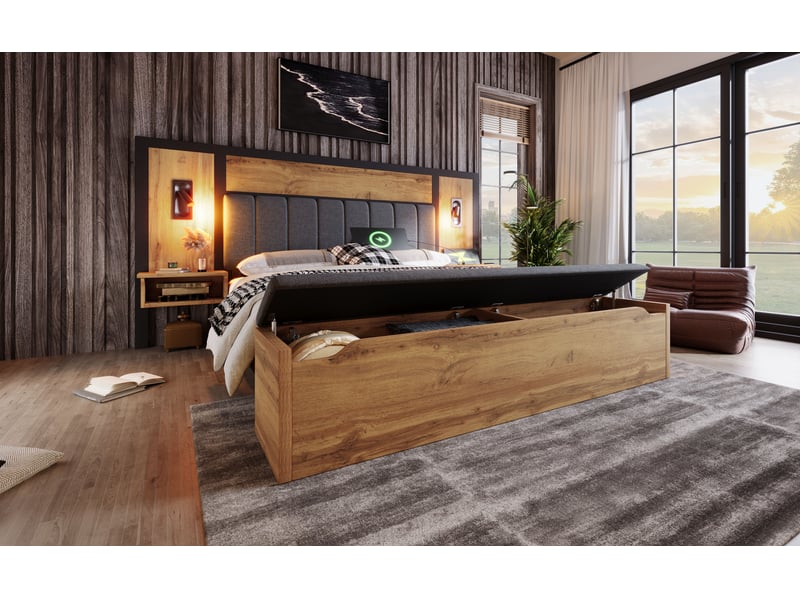  Lit coffre 160x200 cm avec matelas, bois et lin, chêne, rangement et lampe de lecture usb evarich - Conforama B