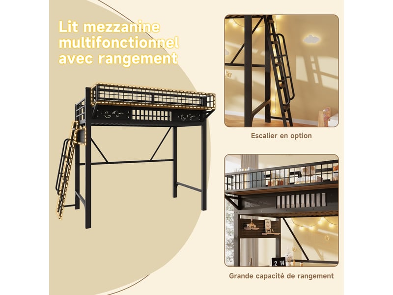 Lit mezzanine 90x200 cm noir, avec rangements, motifs étoiles et lunes, escalier réversible, structure métal, sommier inclus, sans matelas - Conforama D