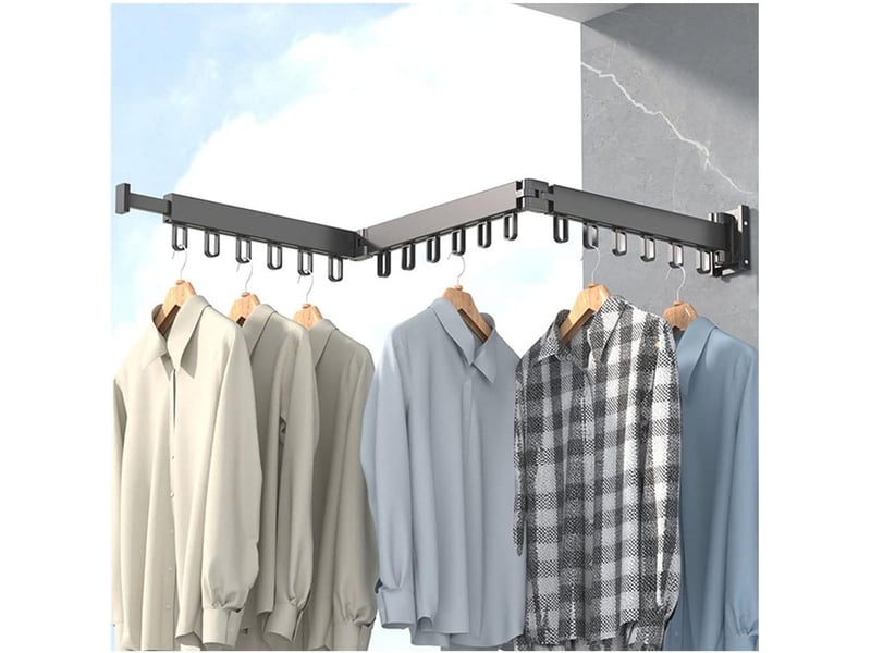 Porte-vêtements étendoir à linge mural rétractable avec crochets, rotatif à 360 °, tri-pliable pour balcon, buanderie, salle de bain (noir - Conforama A