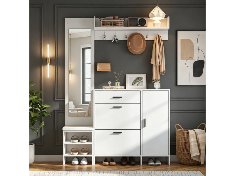  Meuble d'entrée blanc en mdf avec rangement chaussures, miroir, banc rembourré, 6 patères et 2 abattants, 140 x 30 x 200 cm  - Conforama D