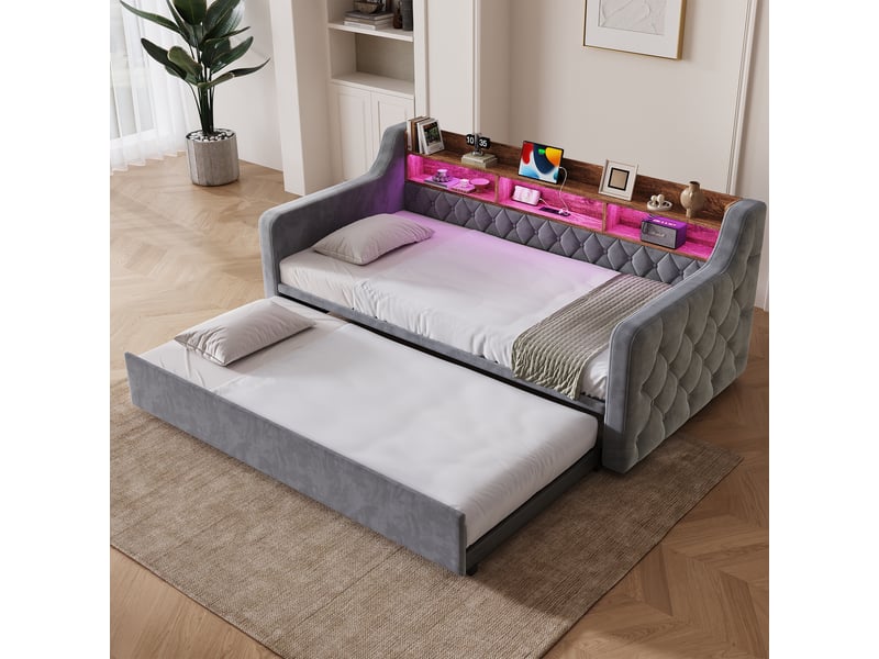  Canapé-lit 90x190 cm, lit enfant, couchage d'appoint, sommier à lattes, couchage gigogne extensible, led, velours gris foncé  - Conforama D