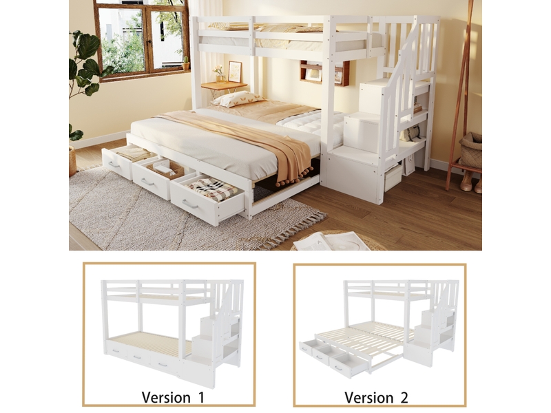 Lit superposé 90 × 200 cm et 90180 × 190 cm 3 places avec 3 tiroirs et échelle de rangement, sans matelas, blanc - Conforama E