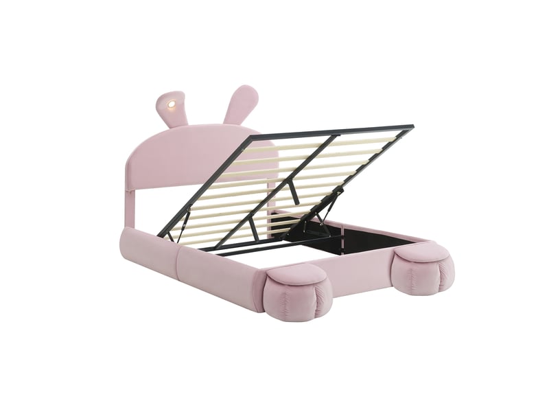  Lit capitonné, lit double, lit hydraulique, oreilles de lapin avec bandes lumineuses à luminosité réglable couleur chaude, espace de rangement sous le lit, deux tabourets de rangement, velours, rose, 140 x 200 cm  - Conforama E
