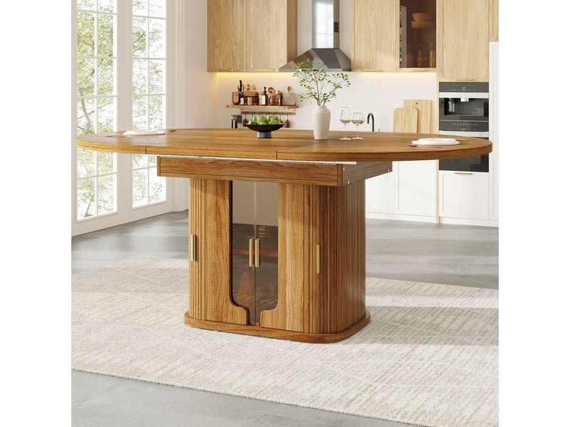  Table à manger 118-158 cm table de salle à manger extensible table de cuisine de ronde à ovale portes en verre capacité jusqu'à 6 personnes coloris noyer  - Conforama B