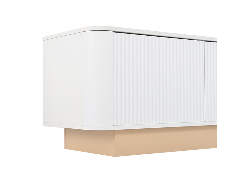  Meuble tv 200 cm avec 4 portes rainurées, étagères réglables, passe-câbles et angles arrondis, mdf, blanc Fay Lum - Conforama E