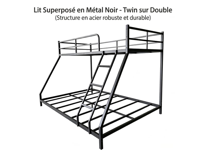  Lit superposé métal 3 places adulte noir, double couchage bas 190x130 cm et lit simple haut 190x80 cm, cadre robuste  - Conforama A