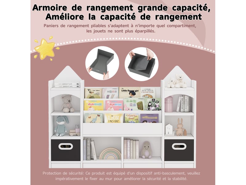  Bibliothèque enfant blanc - 4 niveaux avec 2 boîtes pliantes - 130x30x90 cm  - Conforama E