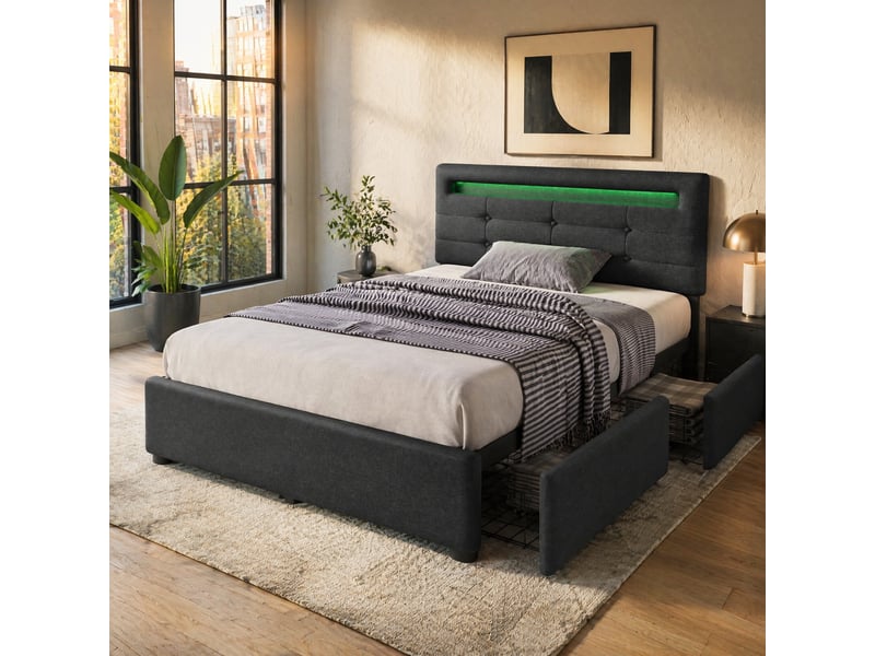  Lit avec tiroirs 1 place 90x200 cm en lin, 2 tiroirs, éclairage led et tête réglable, matelas inclus, gris  - Conforama B