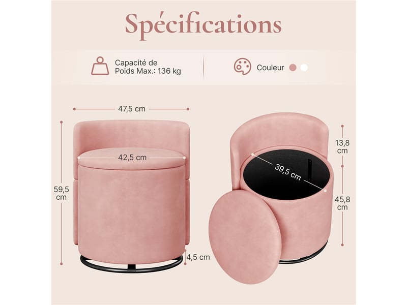  Tabouret de coiffeuse pivotant à 360° en velours rose avec coffre de 40 l et dossier ergonomique rose 594025 Pink - Conforama C