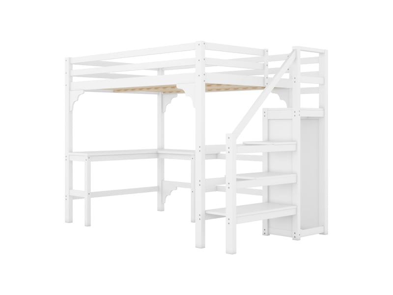  Lit mezzanine blanc 140x200 cm, bureau en l et dressing ouvert en pin  - Conforama D