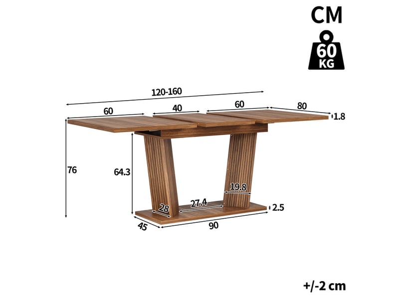  Table de salle à manger extensible 120-160×80×76cm, avec patins antidérapants réglables, moderne, noyer  - Conforama C