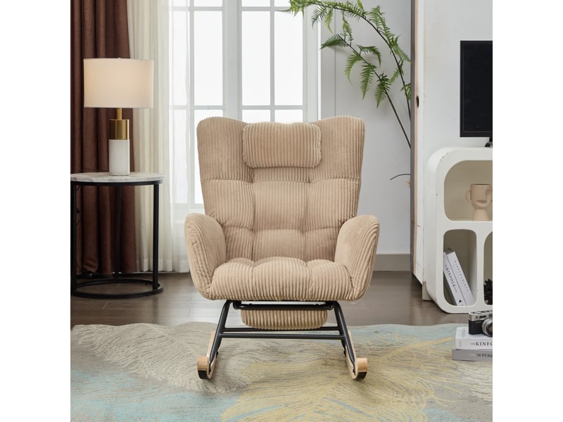  Fauteuil à bascule relax - 102x65x92 cm - avec repose-pieds invisible coussin cervical velours côtelé - marron  - Conforama C