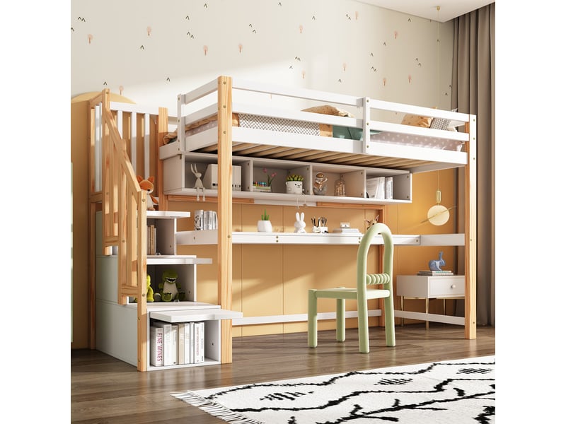  Lit mezzanine,90x200 cm,avec bureau,échelle rangement,bois massif,blanc et chêne  - Conforama D