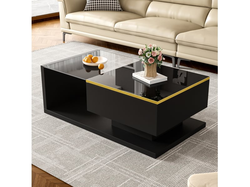  Table basse 90x50x32,5 cm led, plateau verre trempé, rangement pratique et compartiment, panneau de particules, noir  - Conforama W