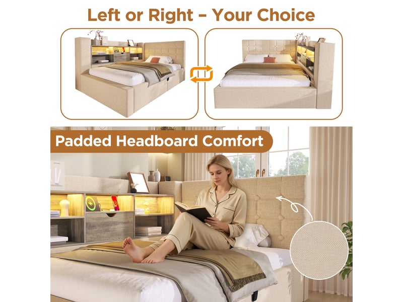 Lit coffre 90x200 avec matelas, tête en l réversible, led et usb, lin beige - Conforama E