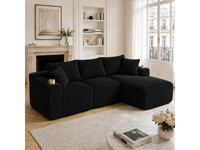 Canapé modulable, canapé 2 places – en velours tricoté, mousse haute densité, porte-gobelets, avec méridienne, coussins inclus, poches latérales - Conforama C