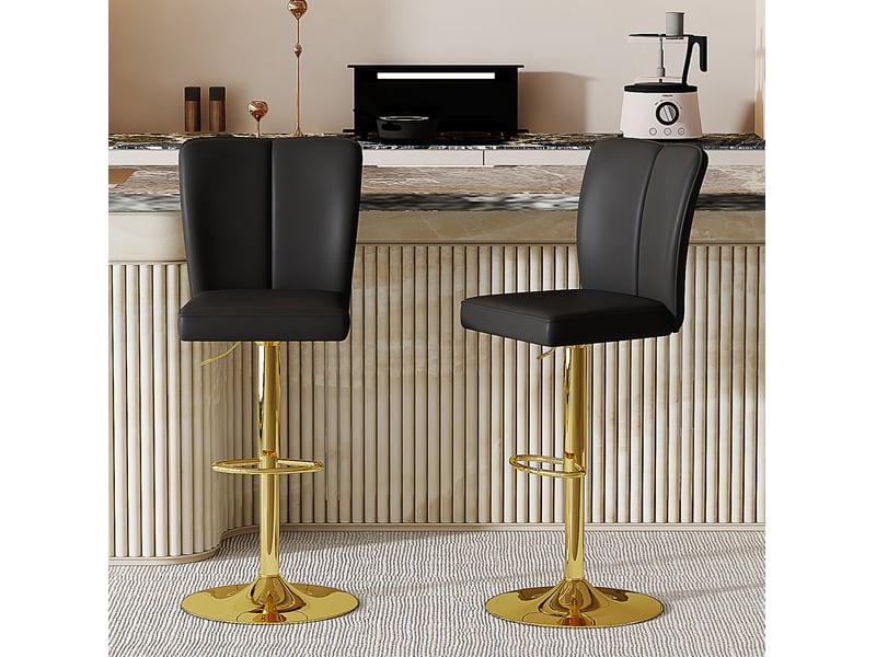  Lot de 2 tabourets de bar 95,5-117,5 cm réglables pivotants 360°, métal, polyuréthane, pour salon, cuisine, noir et or  - Conforama B