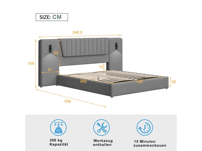  Lit coffre 180x200 avec tête de lit xl - lit rembourré - velours gris, liseuses orientables, ports usb, sans matelas  - Conforama C