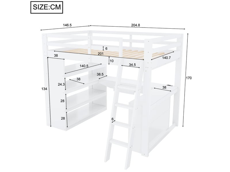 Lit mezzanine 140x200cm avec bureau intégré, tiroir, étagères, led multicolore bluetooth, usb, garde-corps et structure pin et mdf blanc pour - Conforama D