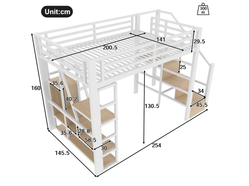  Lit mezzanine enfant 140x200 cm led mdf métal blanc sans matelas  - Conforama E