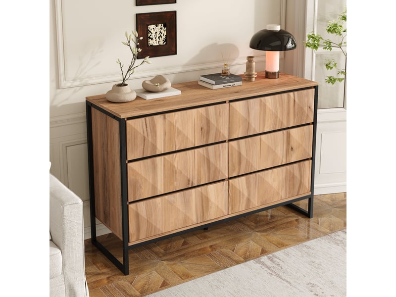  Buffet avec 6 tiroirs, pieds métal réglables, style moderne, pour salon, 120 x 40 x 80 cm, noir et naturel  - Conforama B
