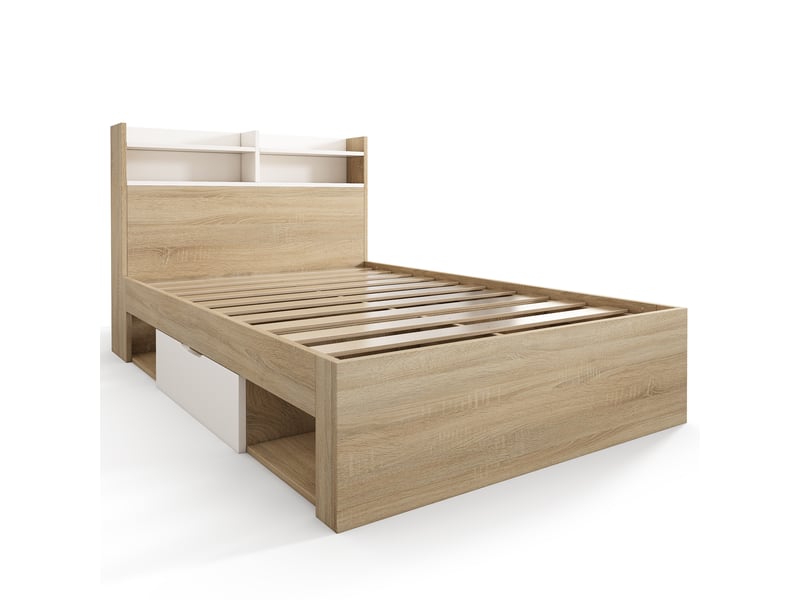 Lit simple 90x200 cm blanc et chêne, rangement tête de lit, 2 tiroirs, 4 niches, bois massif - Conforama D