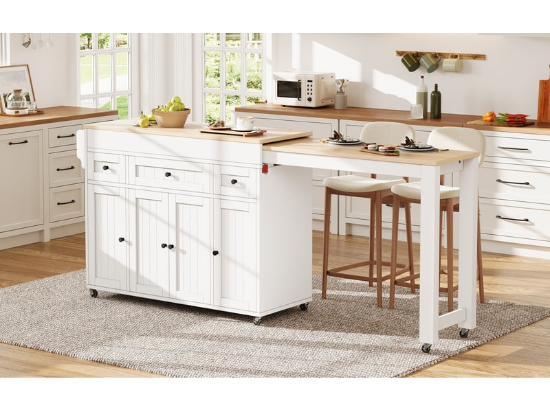 Ilot de cuisine à roulettes avec plan extensible, 3 tiroirs, rangement et porte-épices pour cuisine blanc et bois naturel - Conforama D